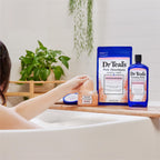 Dr Teal's exfoliating salt scrub highlighting the bergamot and sweet orange essential oil ingredients for aromatherapy