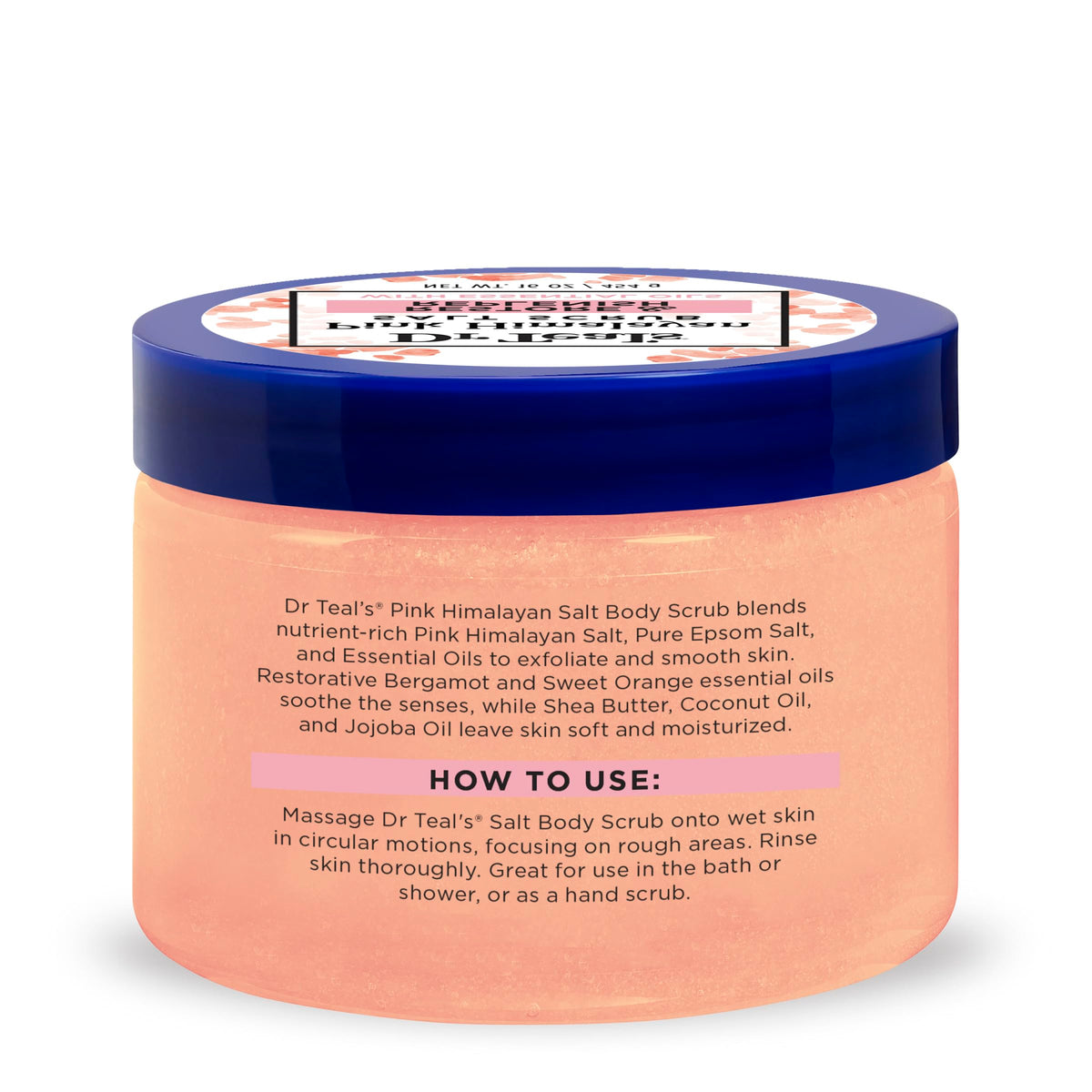 Dr Teal's Pink Himalayan Sea Salt scrub container showcasing the 16 ounce size label and hydration benefits
