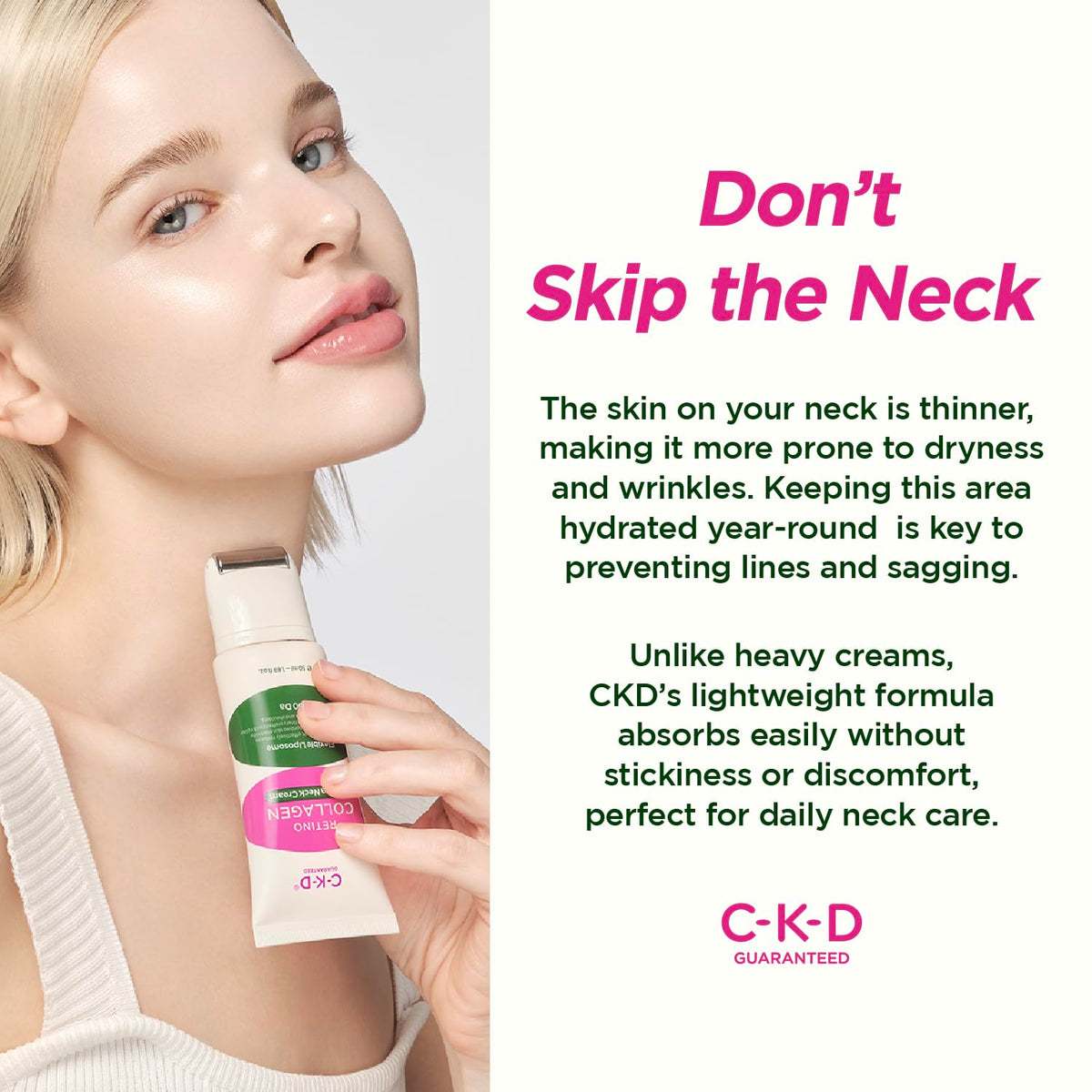 CKD Retino Collagen neck cream applying to neck with roller