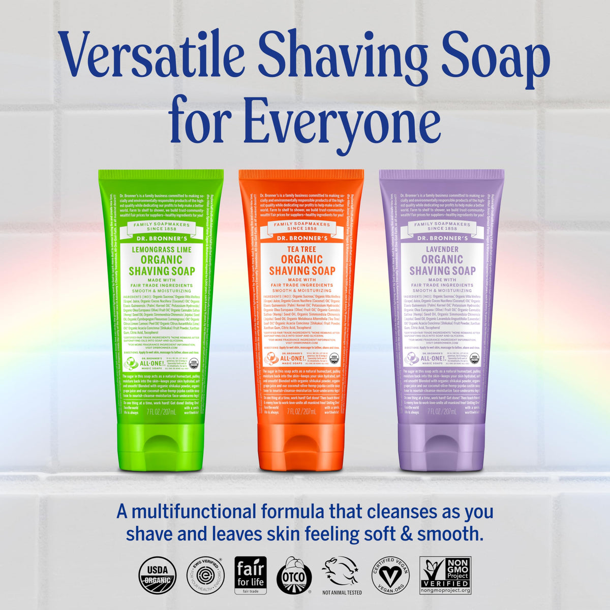 Dr. Bronner's fragrance free organic shaving gel bottle showing certified organic ingredients label