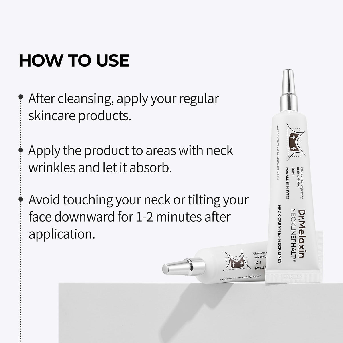 Dr Melaxin Necklinephalt tube shown from an angle detailing the product usage directions