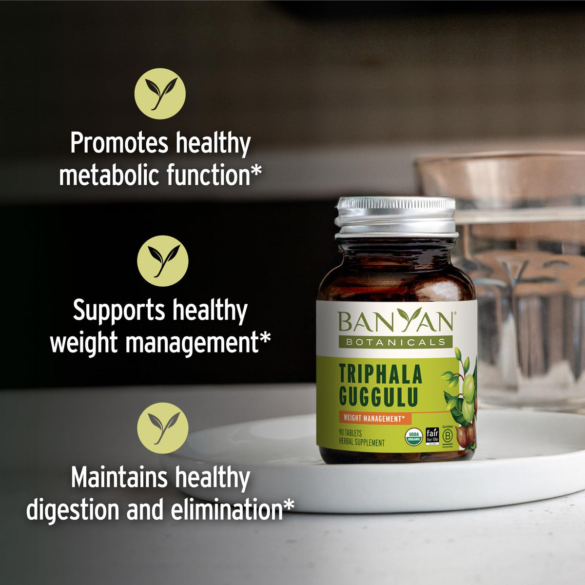 Banyan Botanicals Triphala Guggulu supplement facts and organic certified ingredient label text