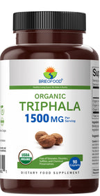 Brieofood Triphala supplement facts label showing 750mg per tablet organic certification