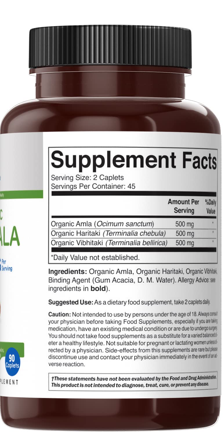 Brieofood USA imported Triphala tablets showing organic and gluten-free seals