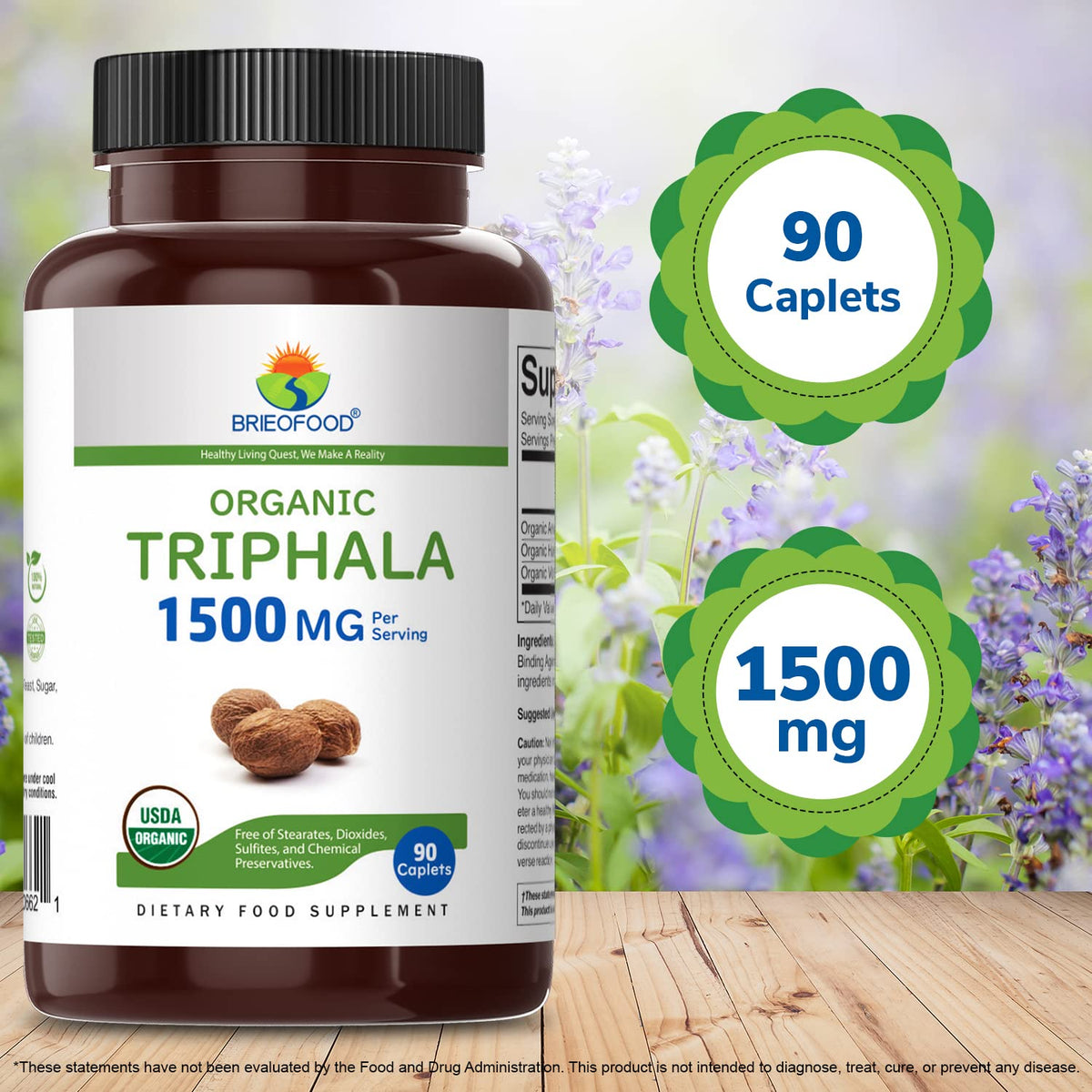 Brieofood Organic Triphala tablets packaging showcasing OneCert International certified badge