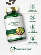 Quick release herbal capsules of Carlyle Triphala displayed next to the amber bottle