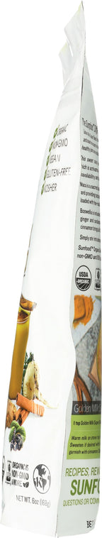 Sunfood Superfoods turmeric powder blend demonstrating its easy use for healthy joint and immunity support lattes.
