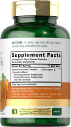 Side angle view of Carlyle Turmeric Curcumin supplement bottle highlighting the non-GMO and gluten-free certifications