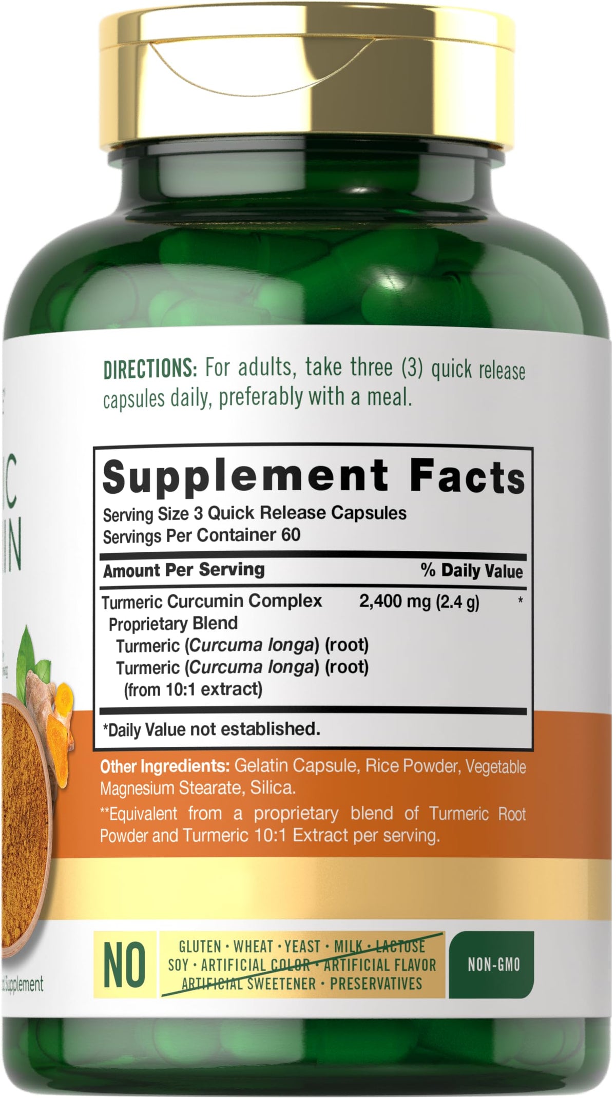 Side angle view of Carlyle Turmeric Curcumin supplement bottle highlighting the non-GMO and gluten-free certifications