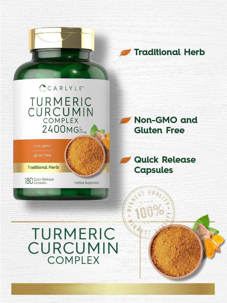 Back label of Carlyle Turmeric Curcumin 180 capsules detailing the proprietary blend ingredients and serving size instructions