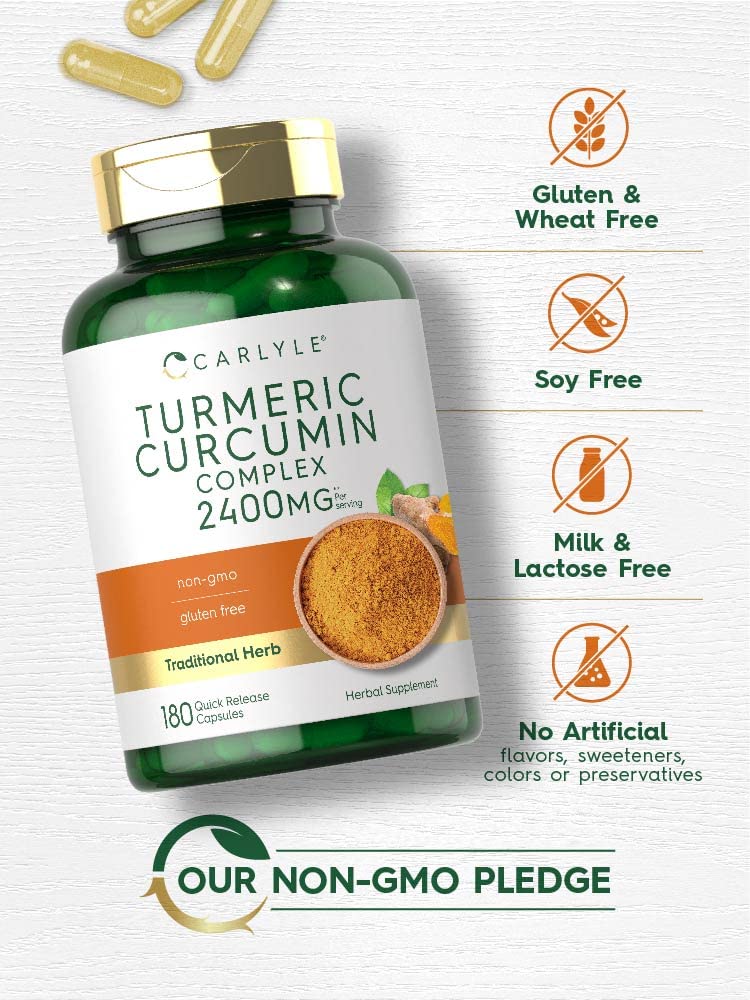 Close-up of the quick-release herbal complex capsules next to the authentic Carlyle Turmeric Curcumin bottle