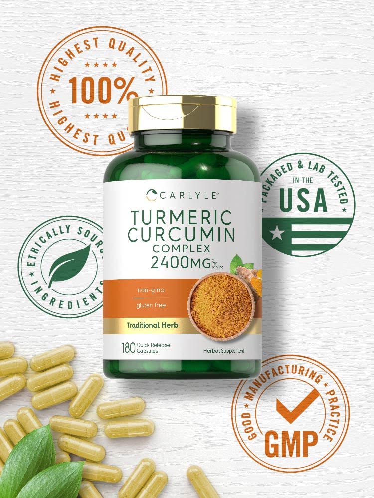 Top down shot of Carlyle Turmeric Curcumin supplement showing the tamper-evident safety seal on the bottle cap