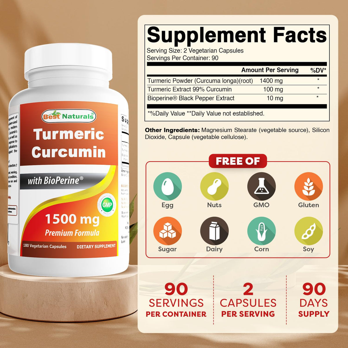 Best Naturals Turmeric Curcumin label detail illustrating the 10mg BioPerine enhanced absorption blend