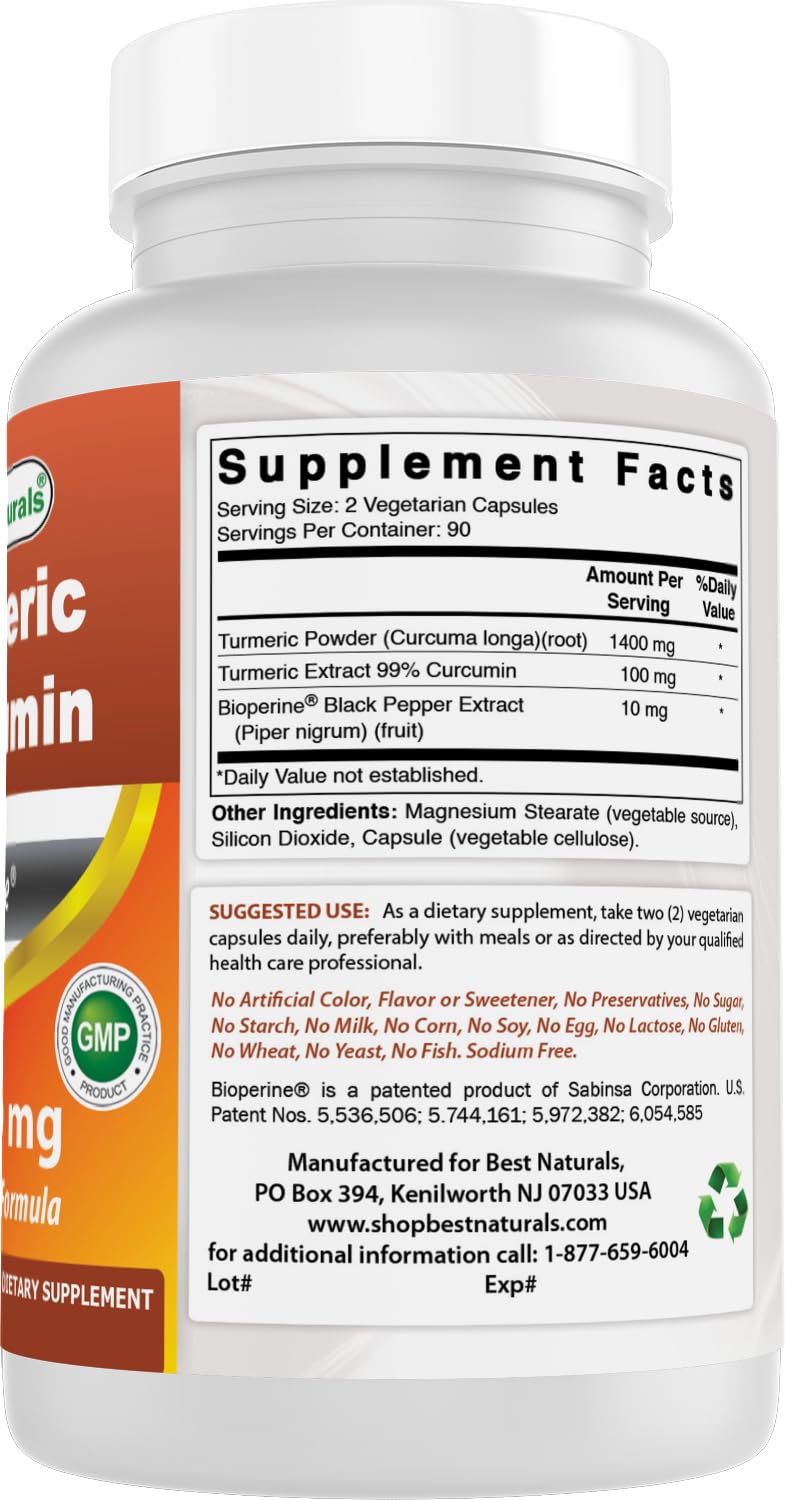 Best Naturals Turmeric Curcumin bottle placed upright showing dietary support features for joint comfort