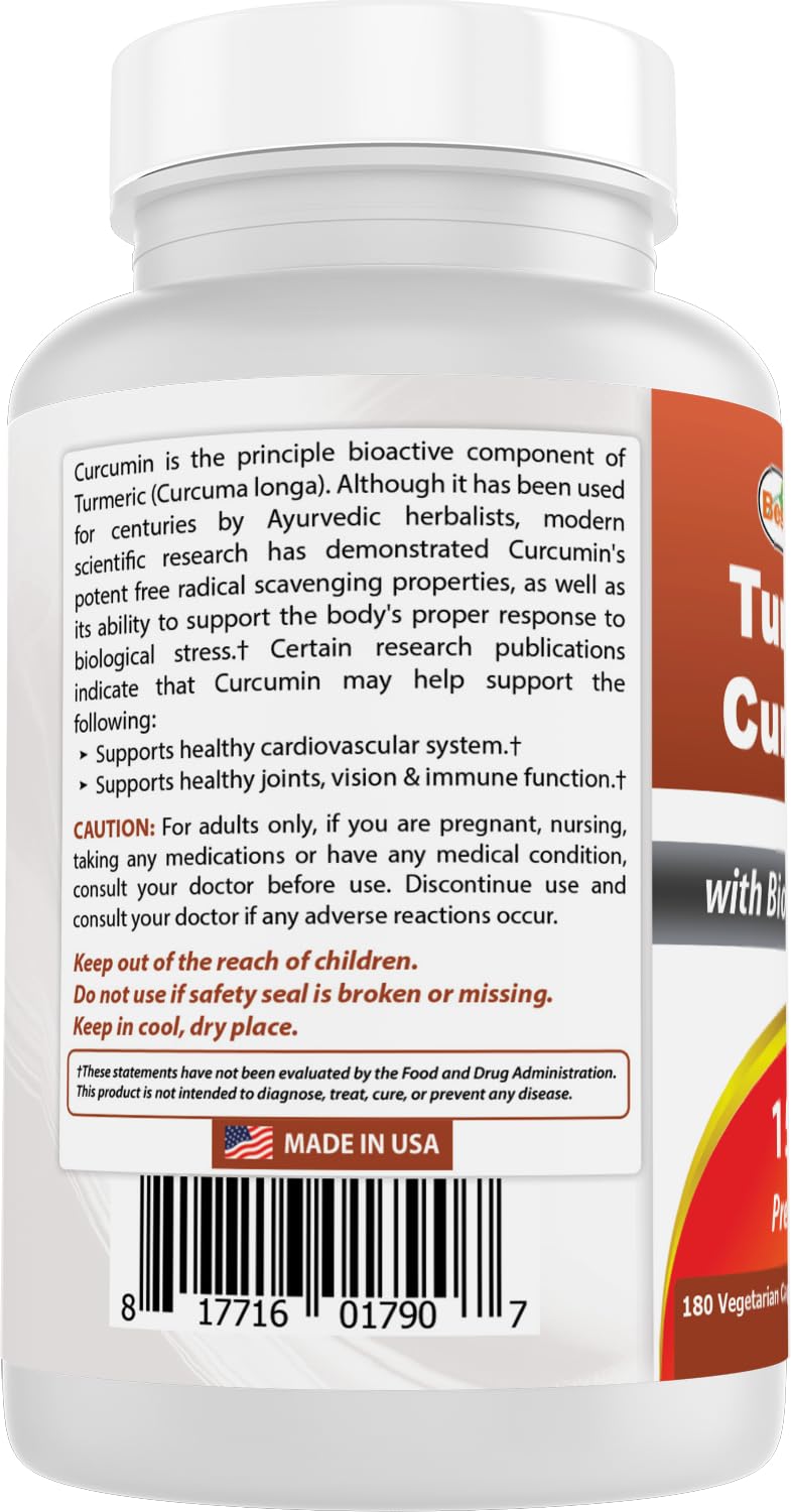 Rear view of authentic imported Best Naturals Turmeric Curcumin showing directions for use and allergen warnings