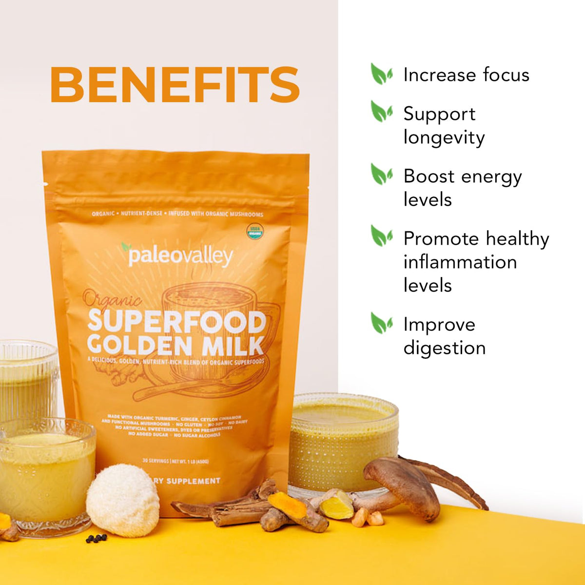 Supplement facts label on back of Paleovalley Golden Milk packaging
