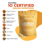 Paleovalley Organic Golden Milk package next to a prepared warm wellness latte