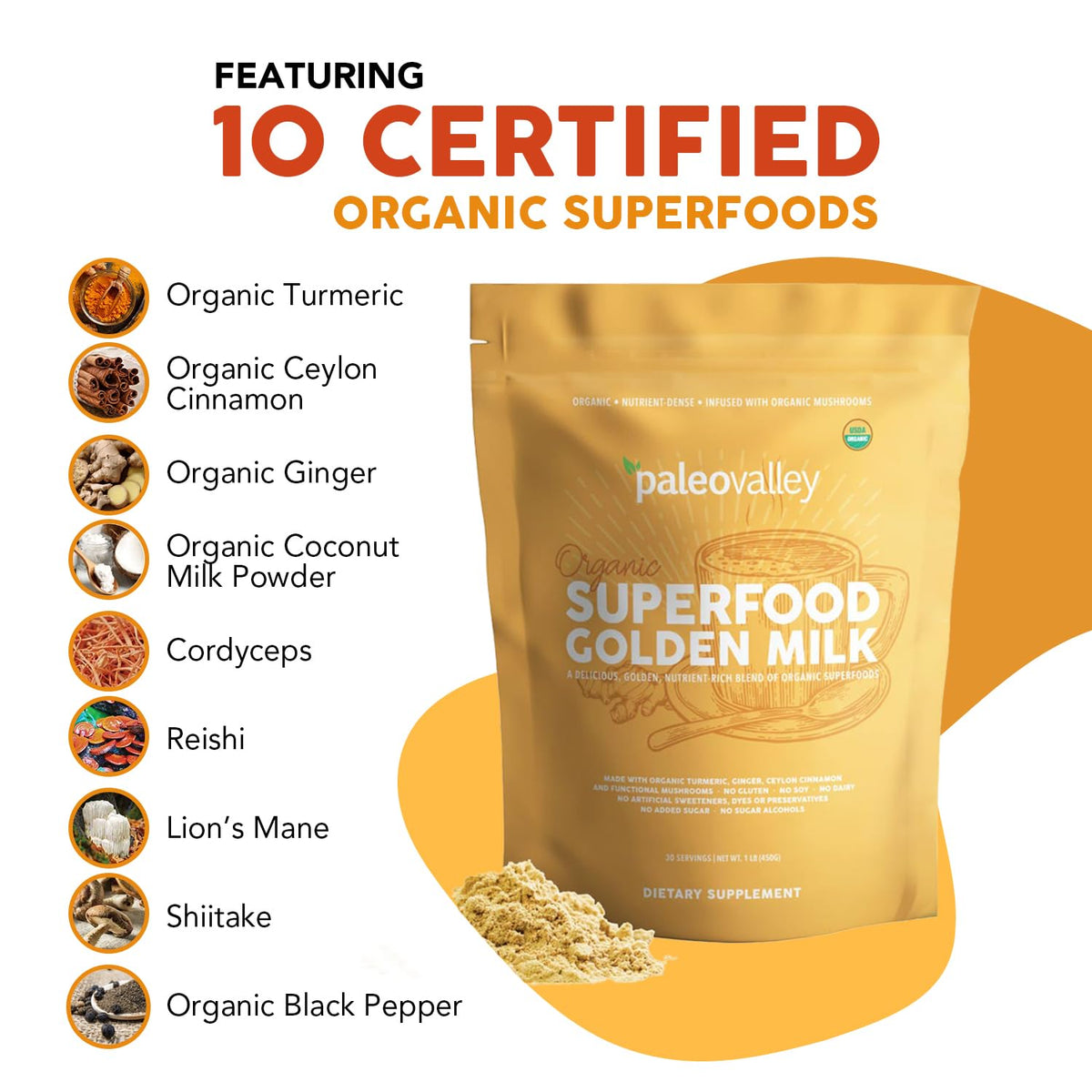 Paleovalley Organic Golden Milk package next to a prepared warm wellness latte