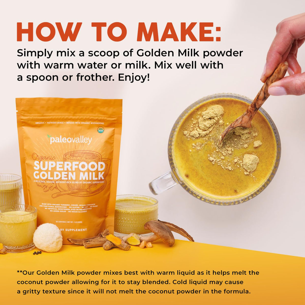 Paleovalley Golden Milk dietary supplement bag showcasing 30 servings text
