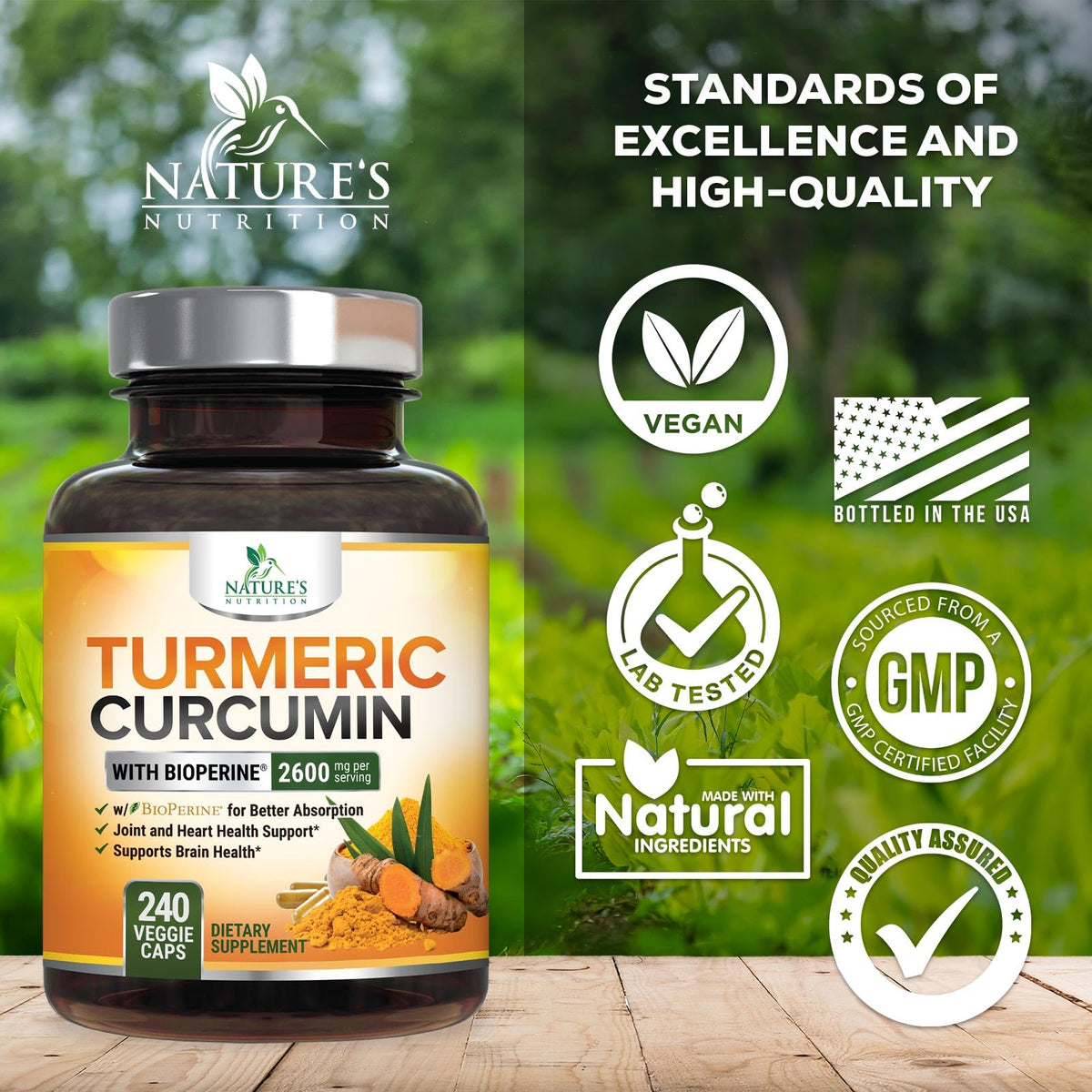Nature's Nutrition Turmeric Curcumin vegetable capsules spilling next to the product packaging