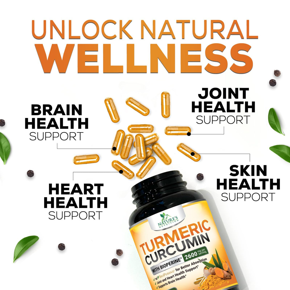 Nature's Nutrition Turmeric Curcumin black pepper extract formula for maximum absorption close up view
