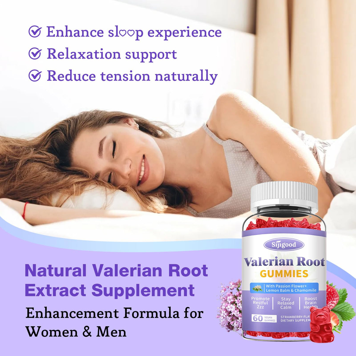 Sijigood 60 count chewable valerian root tablets alternative strawberry gummies display
