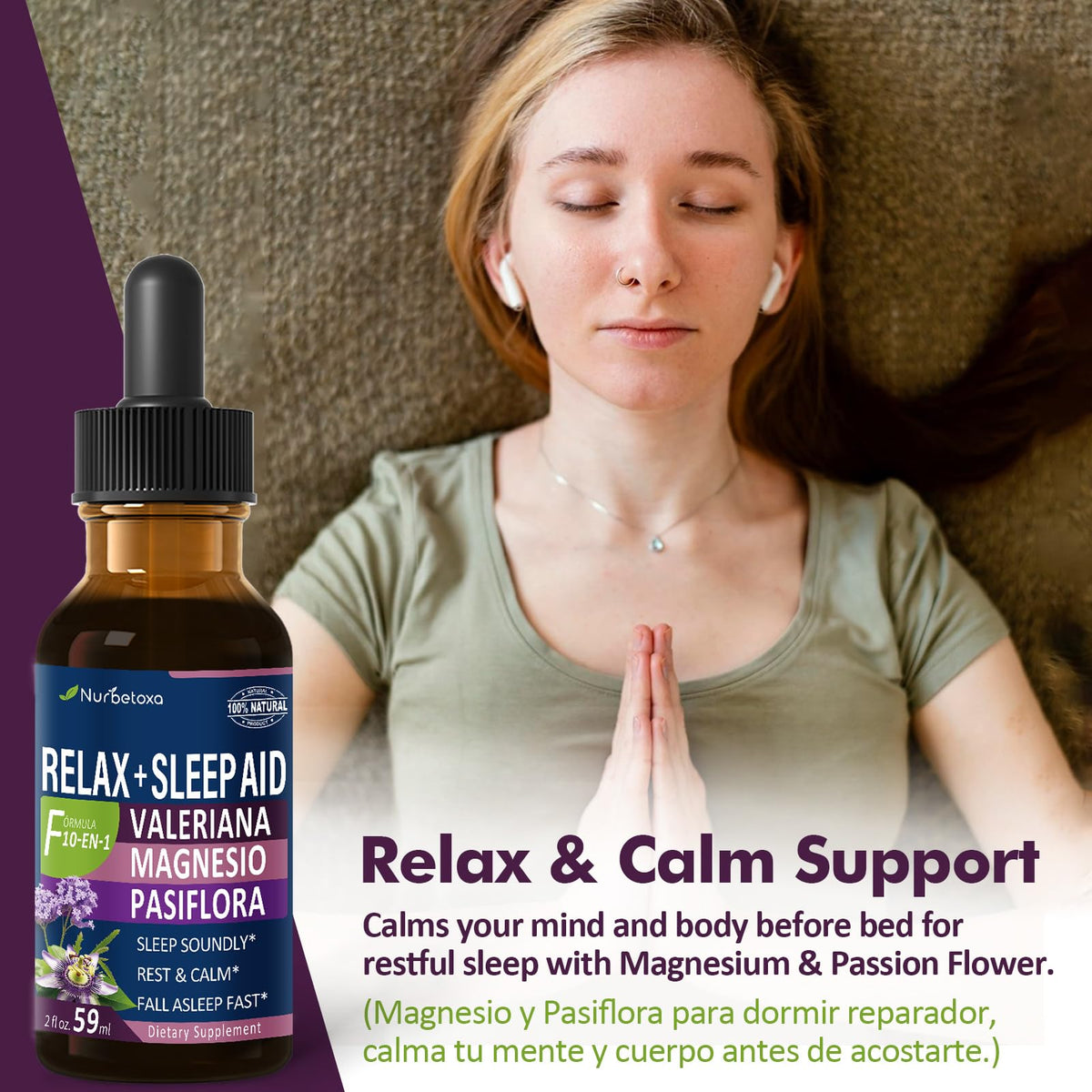Nurbetoxa magnesium and passionflower sleep aid drops ingredient benefits label view.