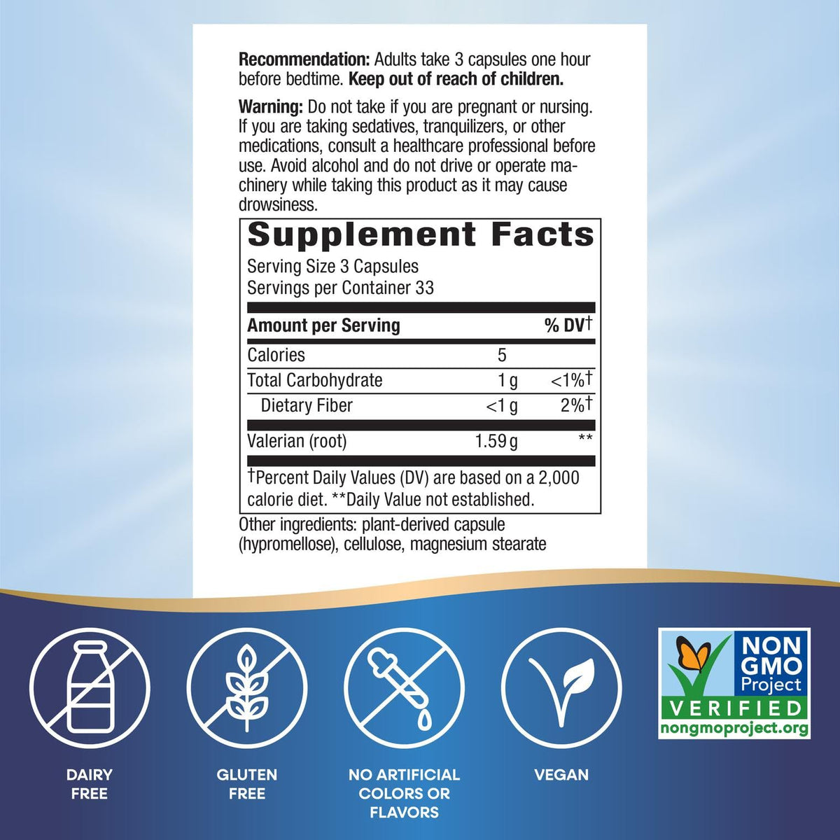 Nature's Way Valerian Root side panel showing allergen free and TRU ID certification details