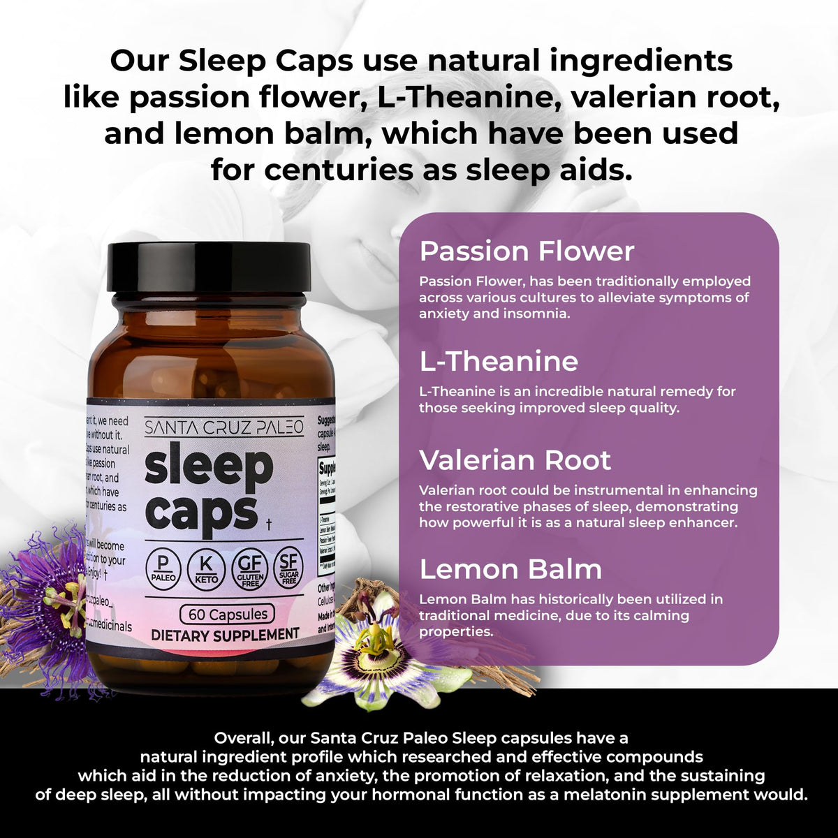 Santa Cruz Paleo Sleep Caps side view showcasing the keto and paleo friendly certifications