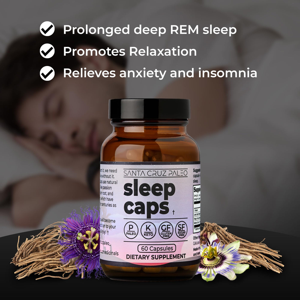 Santa Cruz Paleo herbal sleep capsules displayed next to natural botanical ingredients