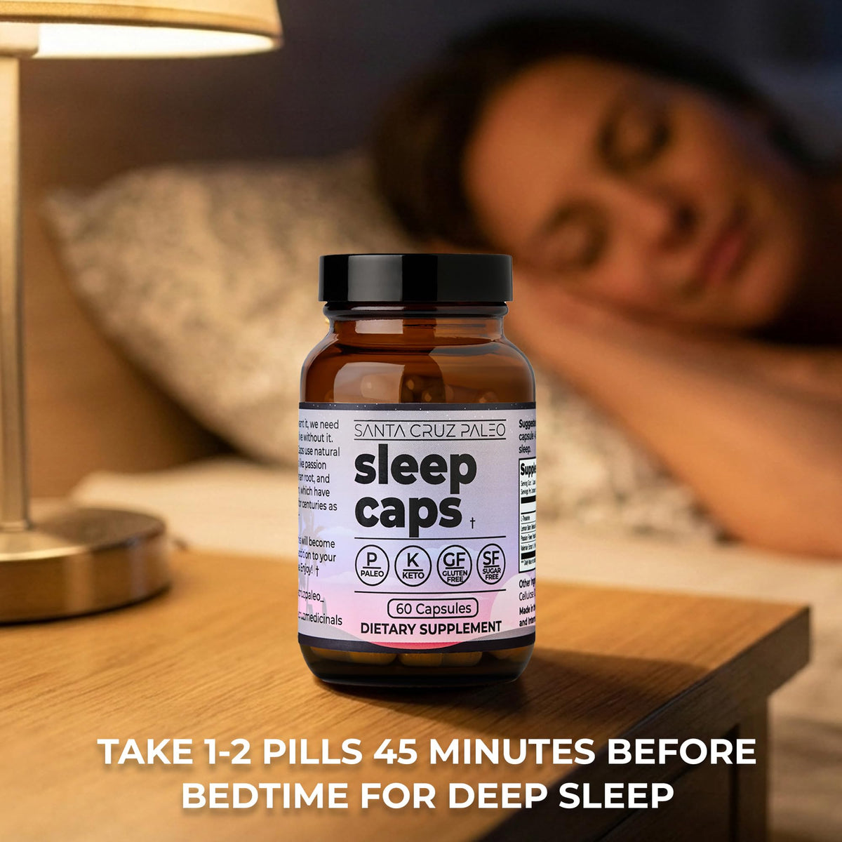 Authentic USA imported Santa Cruz Paleo Sleep Caps bottle standing upright on a clean surface