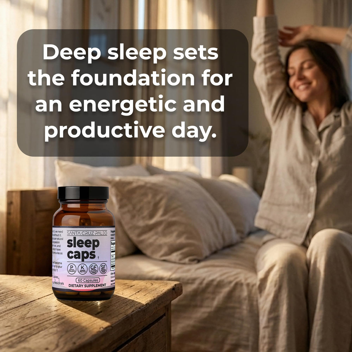Back label of Santa Cruz Paleo Sleep Caps showing usage instructions and clean label details
