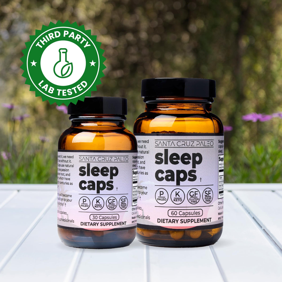 Santa Cruz Paleo Sleep Caps 60 count bottle highlighting the non habit forming product callout