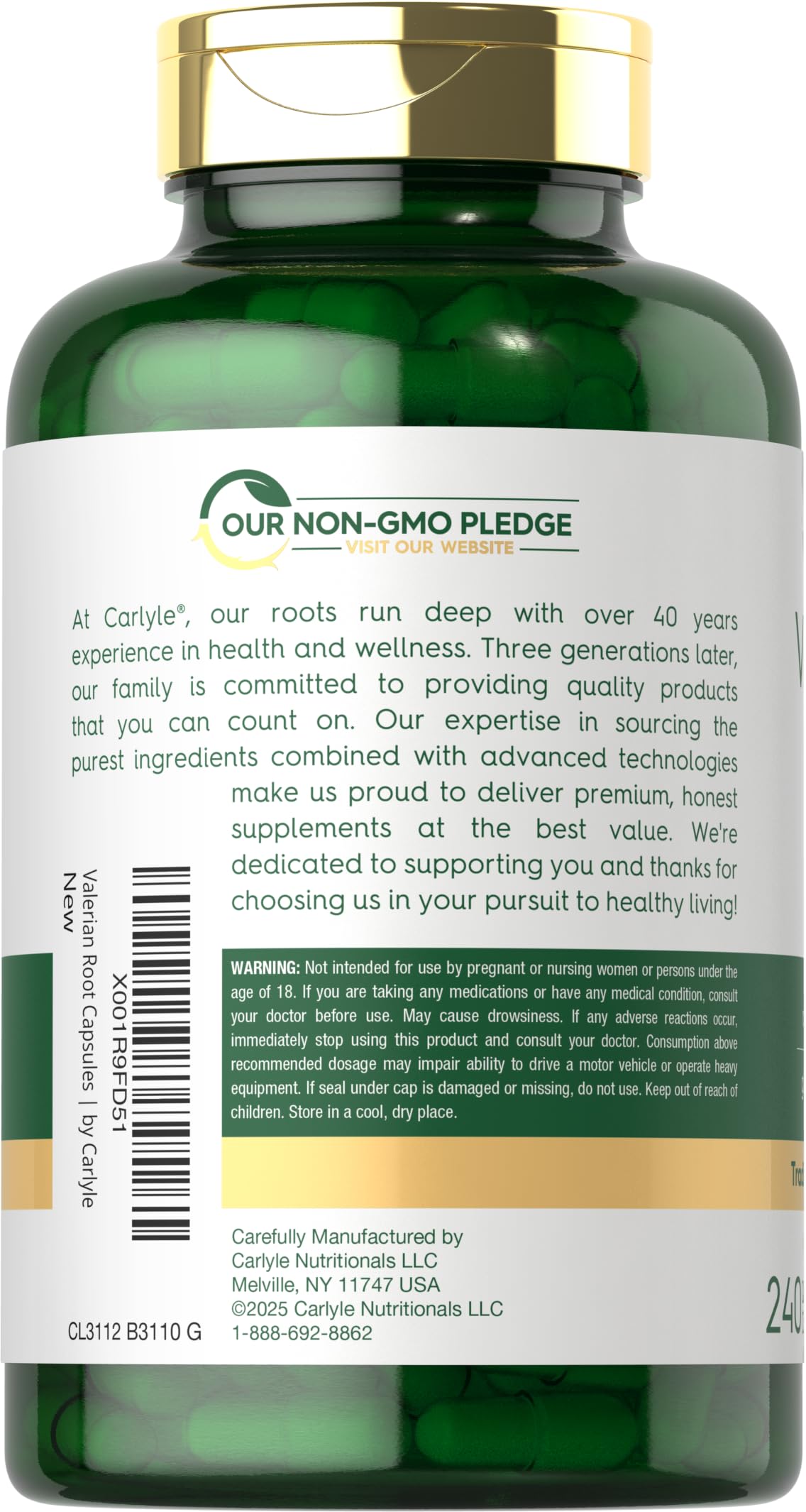 Back side of Carlyle Valerian Root 240 count packaging highlighting non GMO gluten free symbols