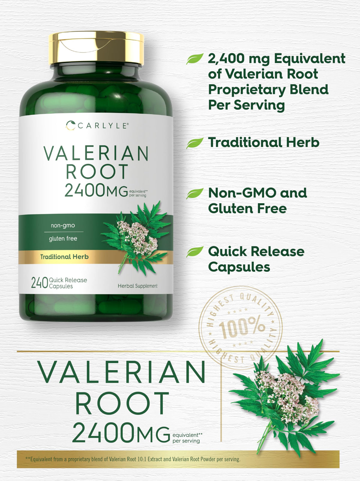 Quick release capsules of Carlyle Valerian Root herbal extract placed next to the container
