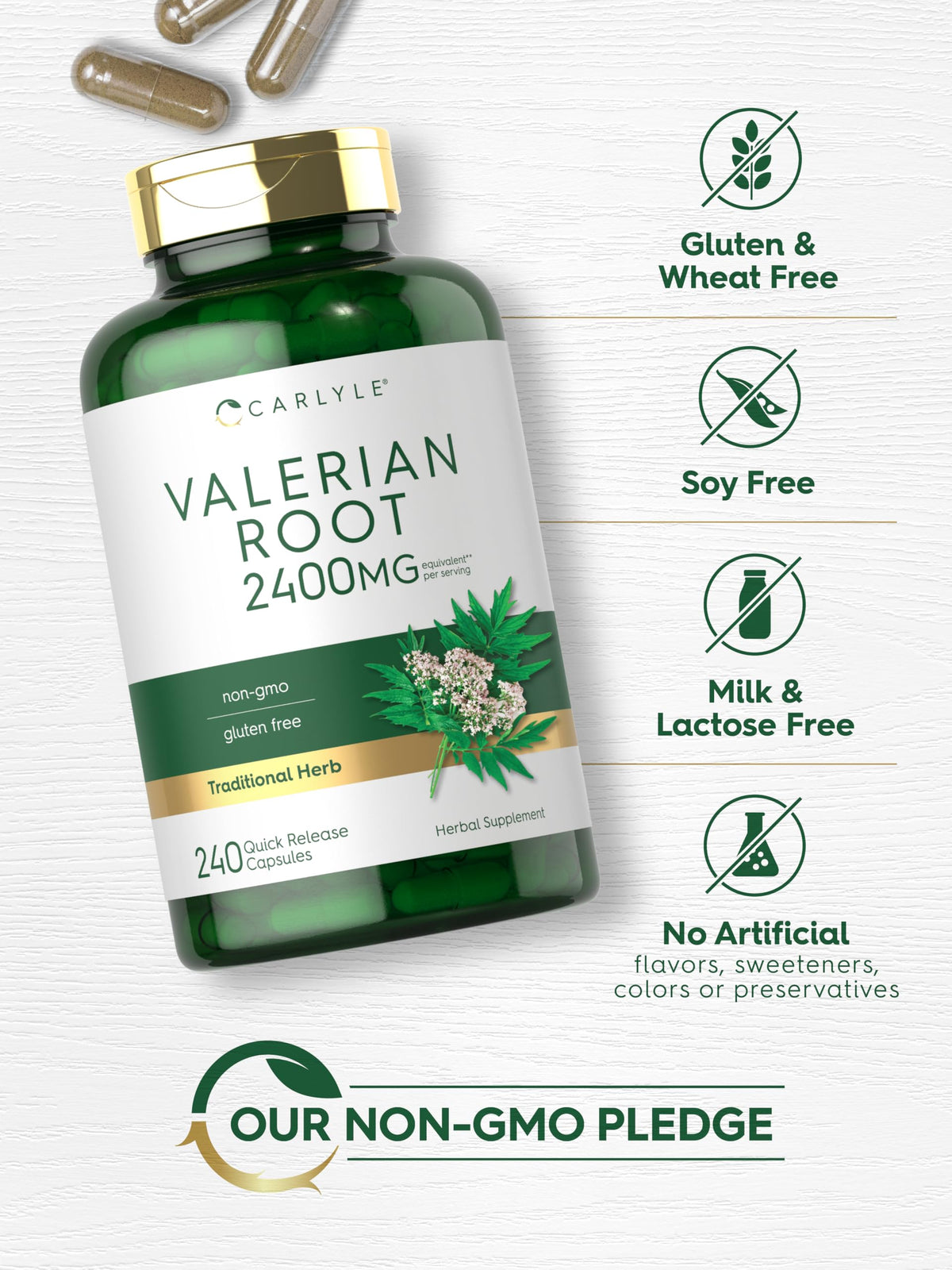 USA imported Carlyle Valerian Root 2400 Milligrams packaging illustrating serving size guidance