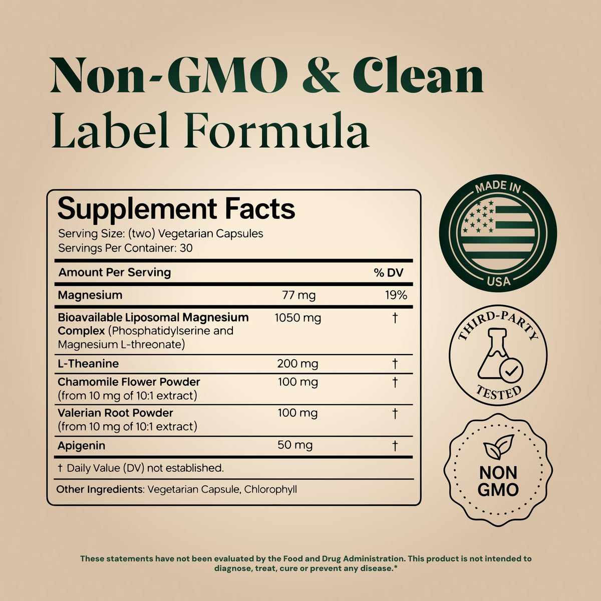 A clear shot of the Plus Ultra Magnesium L Threonate bottle highlighting its non GMO and vegetarian formula indicators.