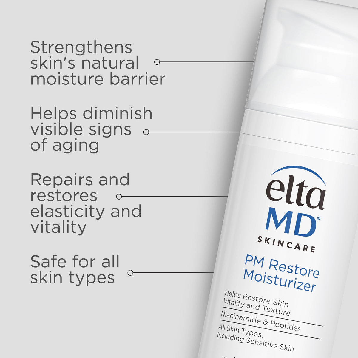 EltaMD PM Restore lightweight night moisturizer container showing ingredient details for barrier repair