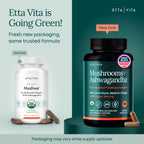 Etta Vita 10-in-1 adaptogenic mushroom supplement bottle showing USDA Organic certification seal