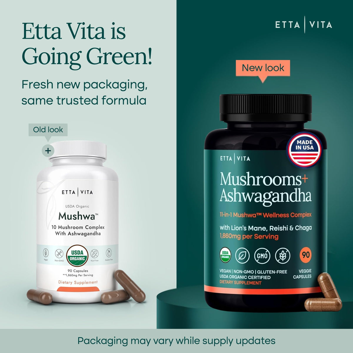 Etta Vita 10-in-1 adaptogenic mushroom supplement bottle showing USDA Organic certification seal
