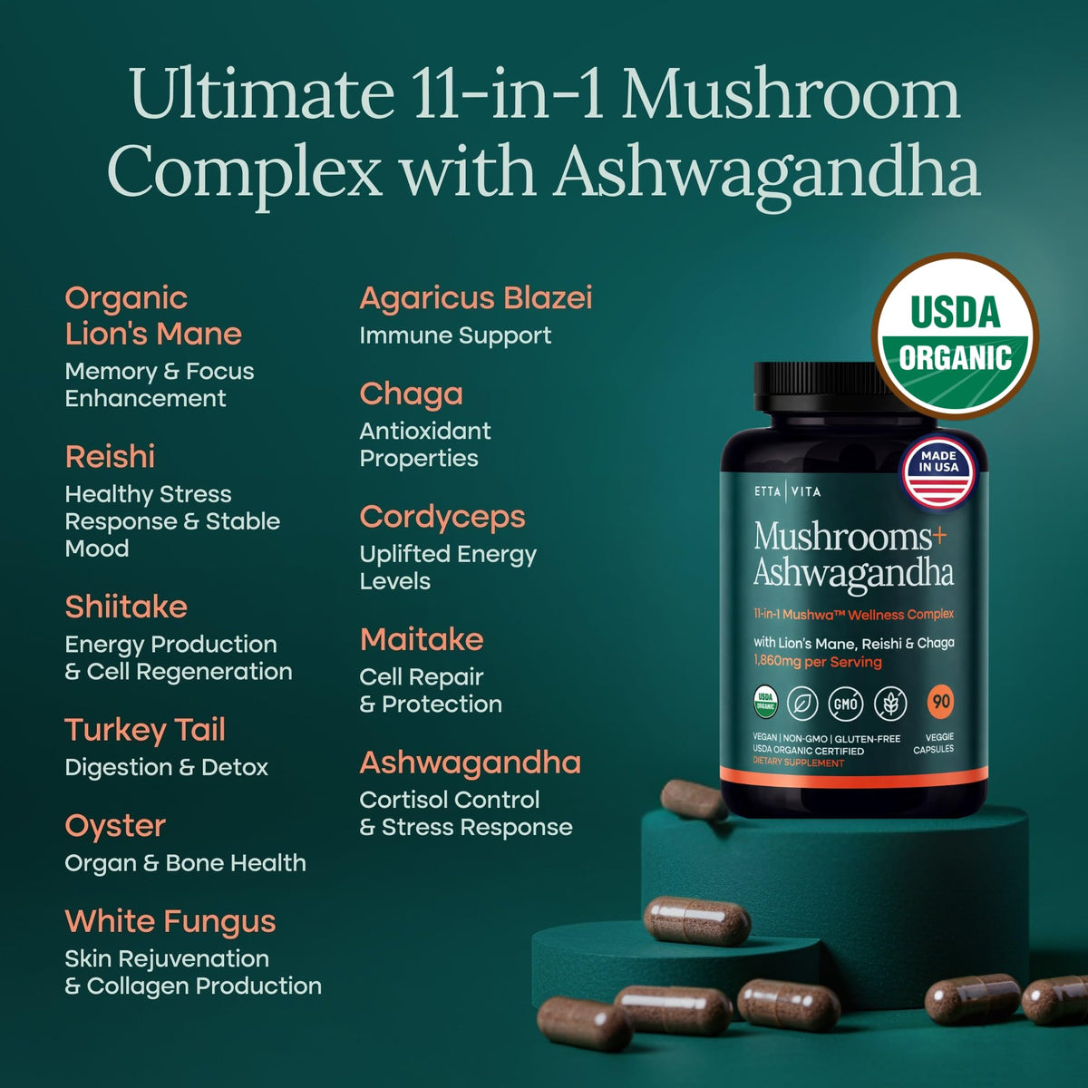 Supplement facts and organic ingredients label on Etta Vita Lions Mane mushroom capsules