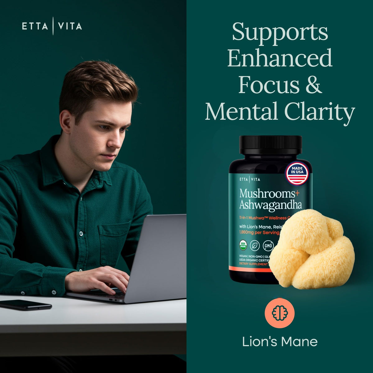 Etta Vita daily focus and stress support vegan capsules side panel with manufacturing details