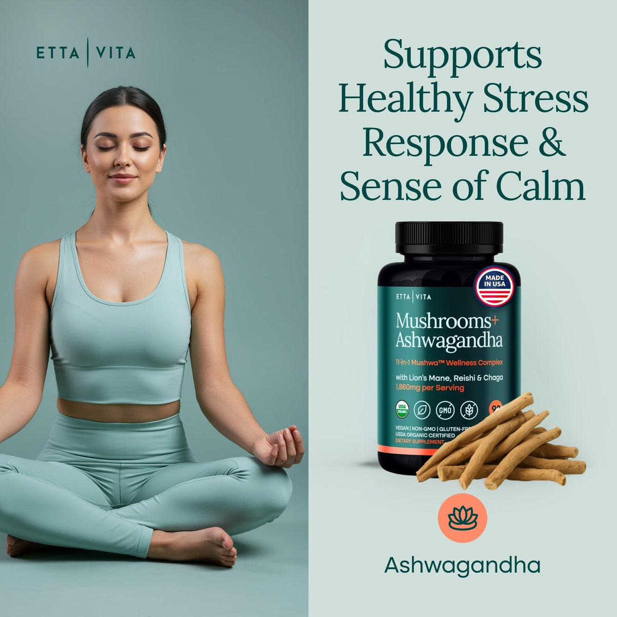 Etta Vita premium USA imported wellness supplement packaging showing non GMO and vegan icons
