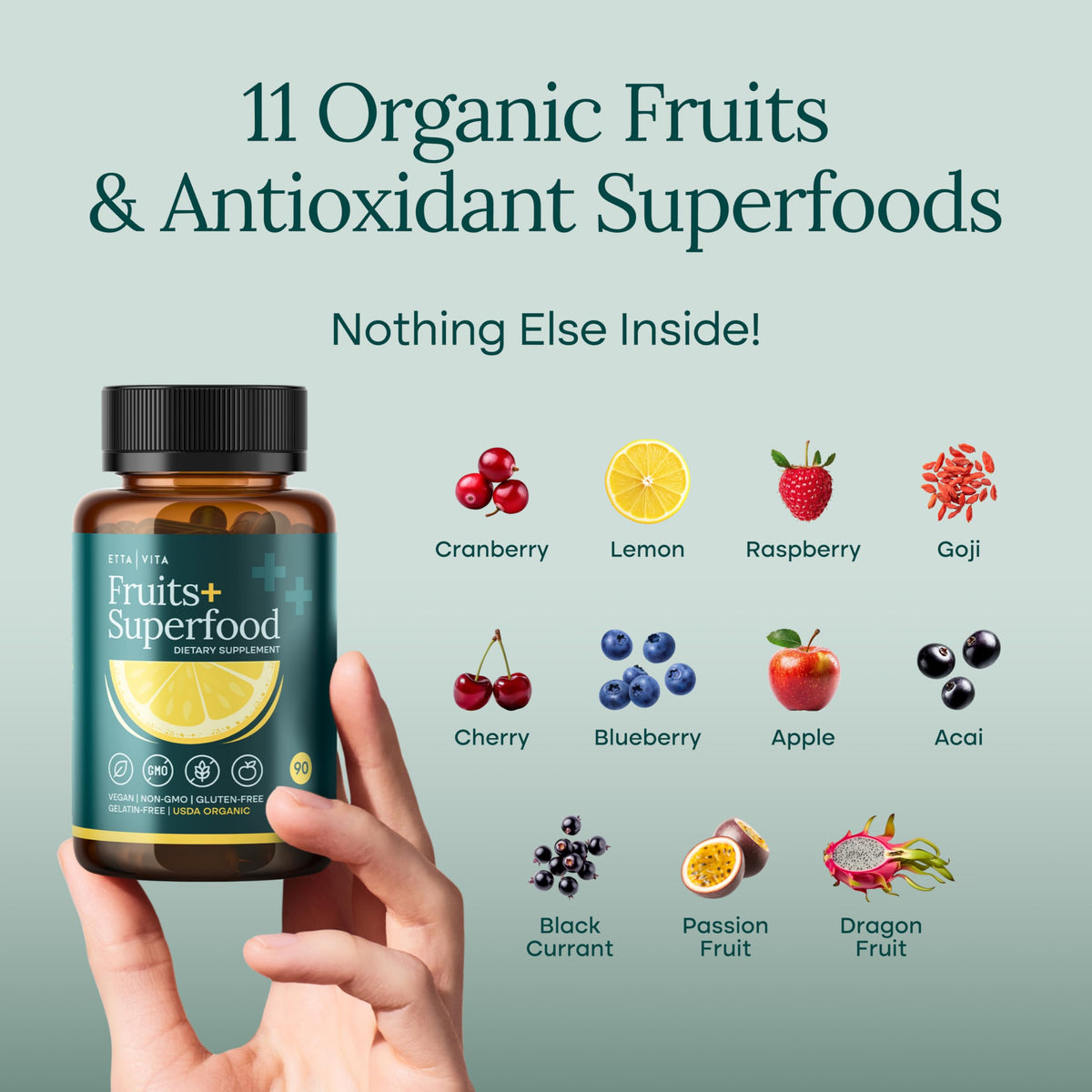 Etta Vita Fruits plus Superfood and Veggies plus Superfood capsules packaging showing certified organic ingredients