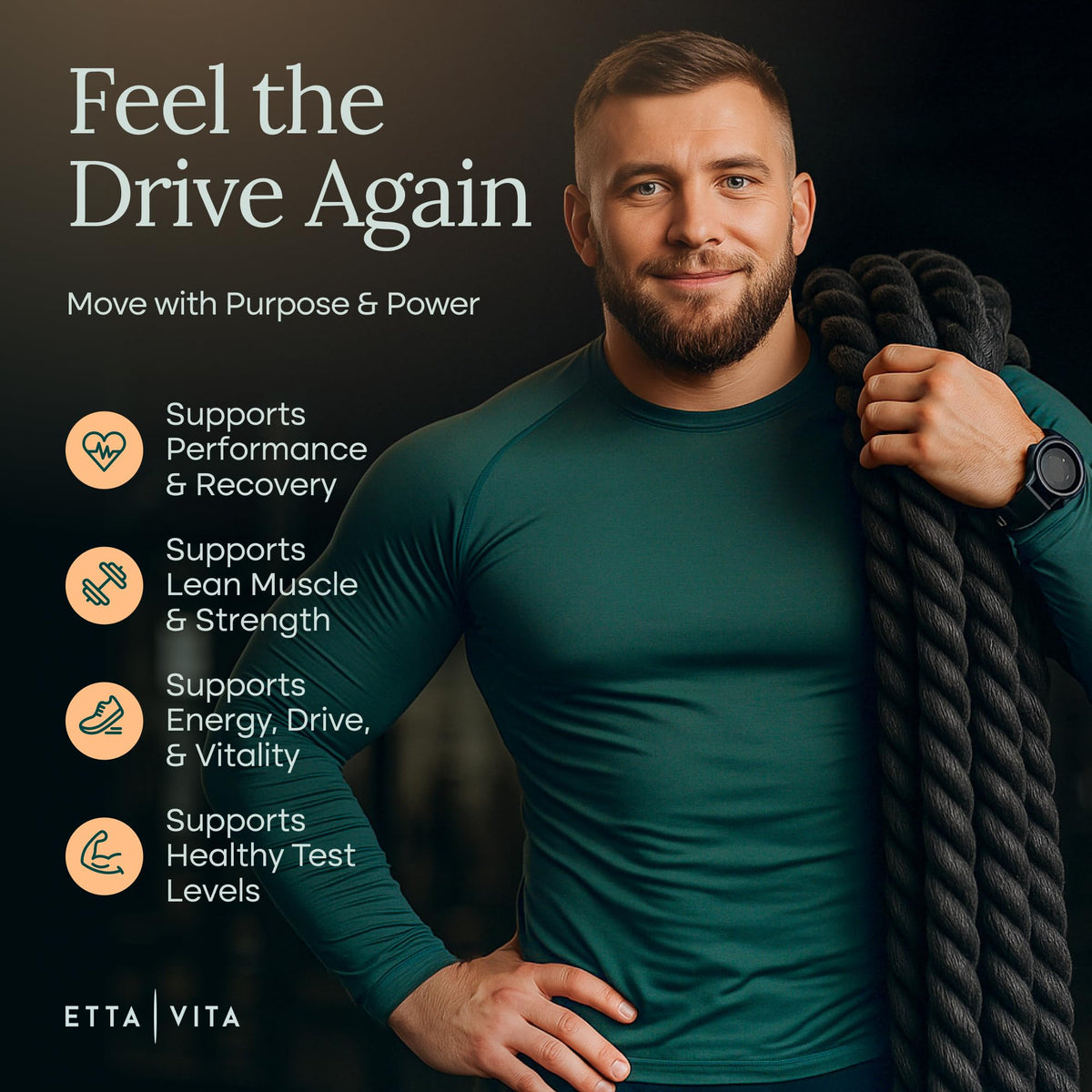 Etta Vita muscle support supplement bottle detailing the BioPerine high absorption formula