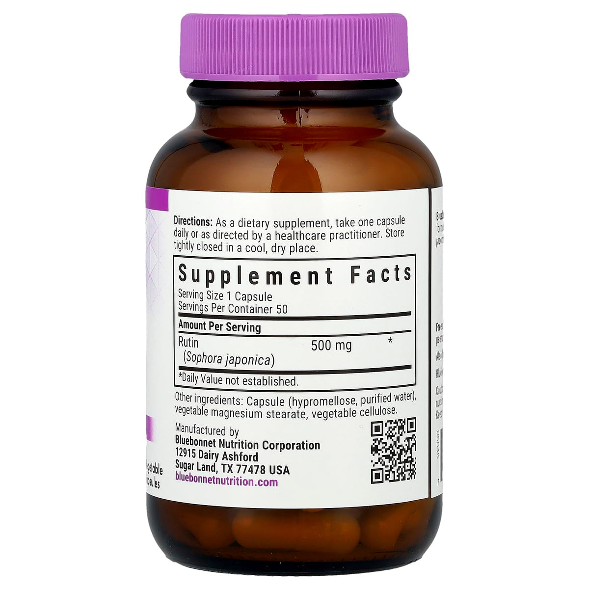 Authentic BlueBonnet plant based rutin bioflavonoid fifty vegetable capsules label details.