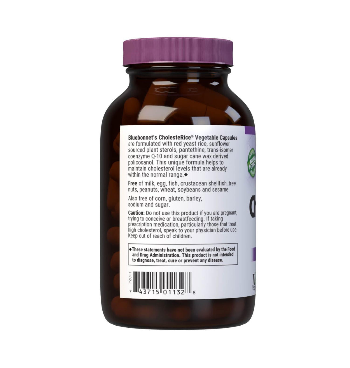 Side profile of Bluebonnet CholesteRice bottle detailing the red yeast rice plant sterols and coenzyme Q10 nutrition facts