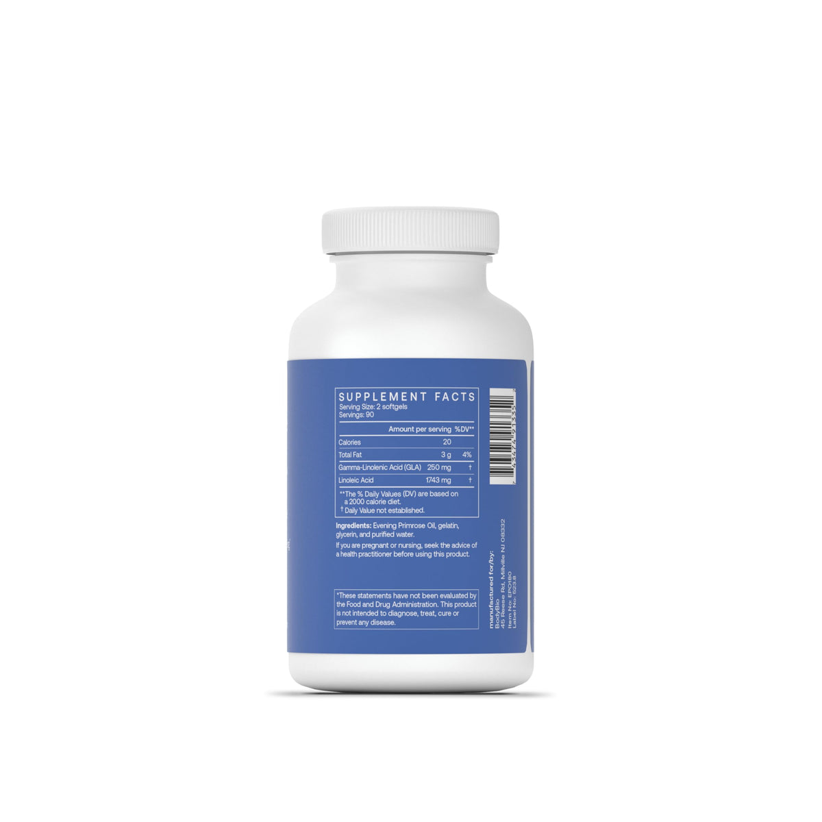 BodyBio Evening Primrose Oil cold pressed supplement bottle showing nutritional facts label
