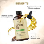 Pure cold pressed castor oil bottle with eyelash spoolie and brow brush