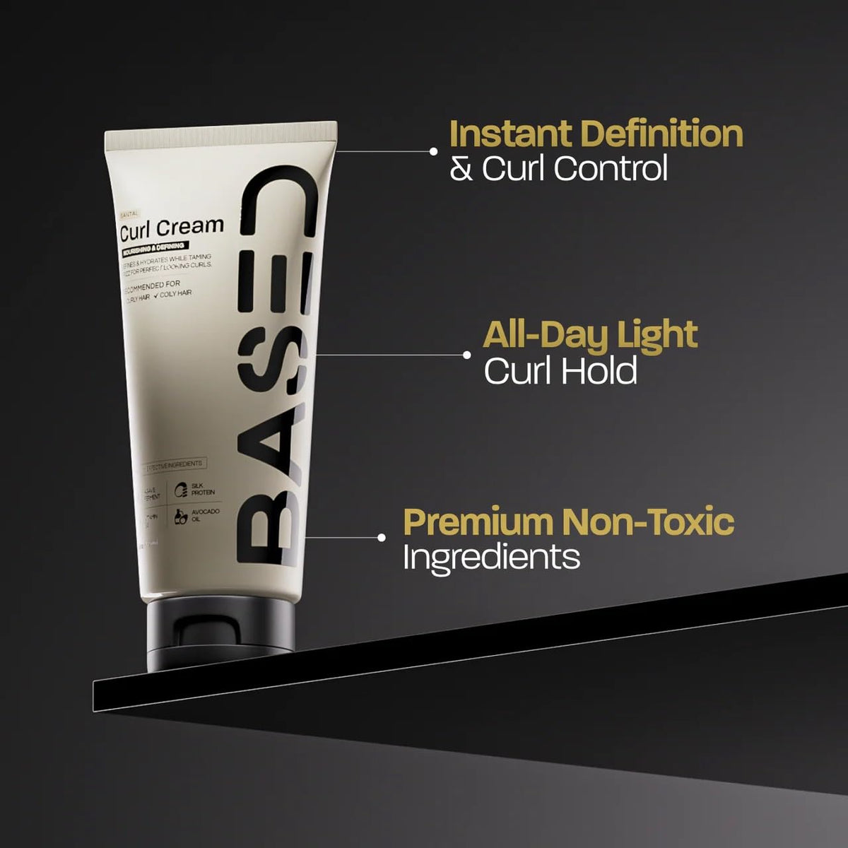 Close up shot of BASED BODYWORKS silk protein curl cream highlighting text on the premium product container